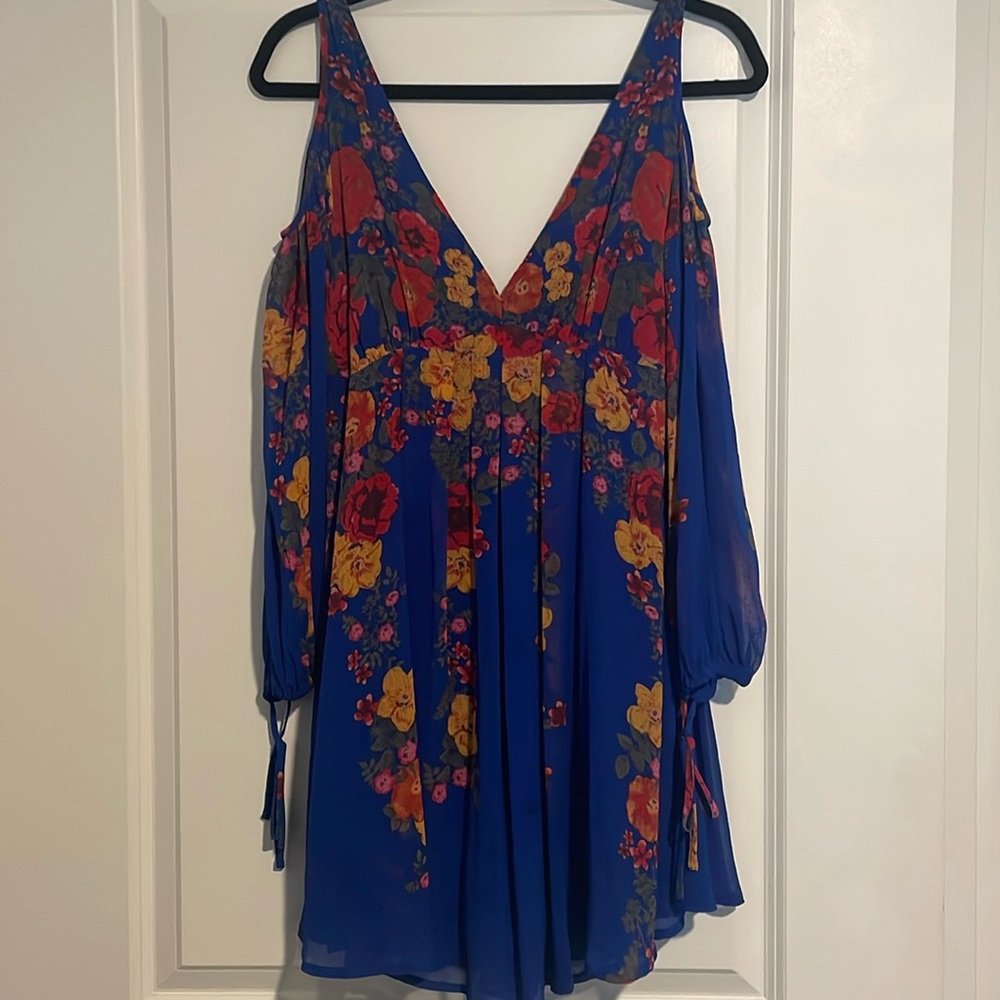 Blue and floral free people dress with cold shoulder sleeves